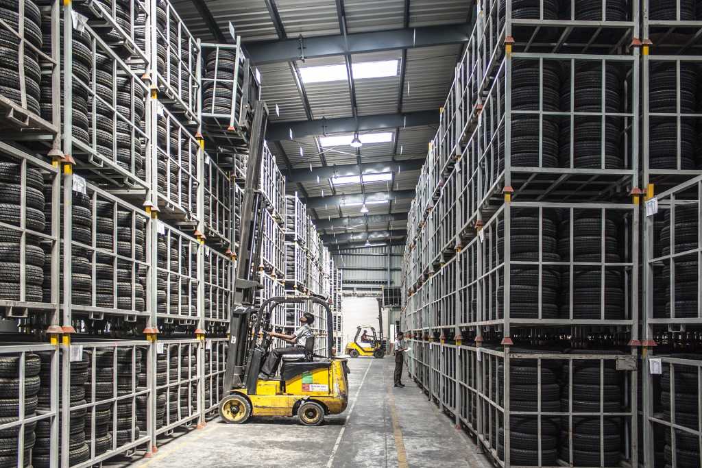 Forklift in a large warehouse